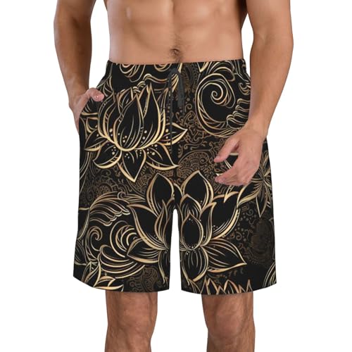 Boho Gold Lotus Flowers Print Men's Beach Shorts Hawaiian Swim Trunks Quick Dry Summer Sports Bathing Suits