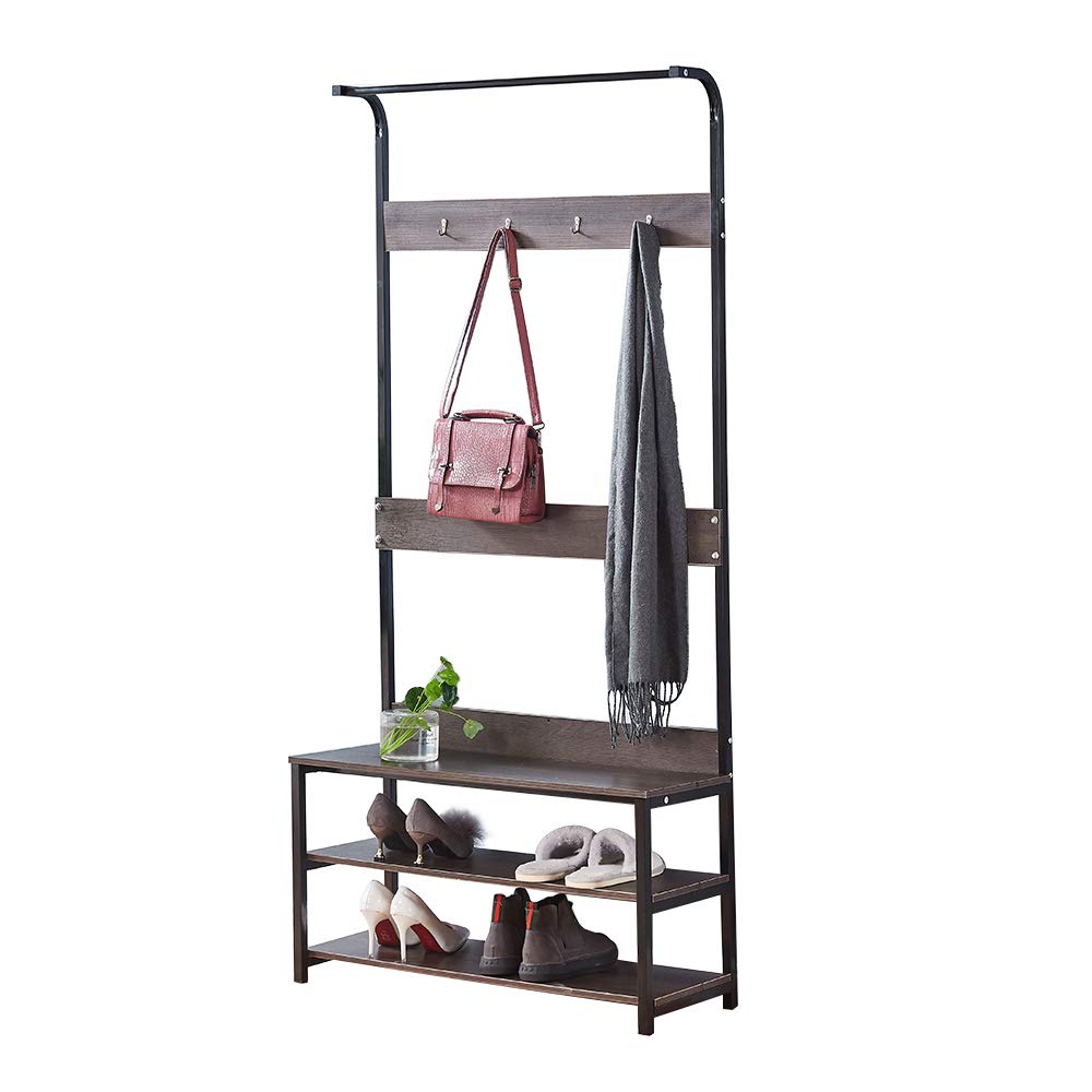 BonChoice Entryway Coat Rack Shoe Bench Seat Hall Tree Stand with 4 Hooks 3-Tier Shelves, Industrial Clothers Hanger for Hallway, Living Room, Bedroom, Wooden Home Furniture