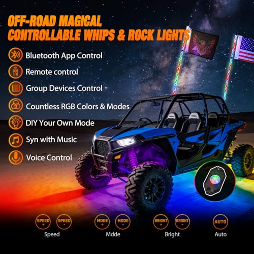 Image of Nilight 2PCS 3FT RGB LED Whip Light with Spring Base and 6 PCS Rock Lights Combo, Remote App Control w /DIY Chasing Patterns Turn Signal Brake Reverse Antenna Lighted Whips for ATV UTV Polaris RZR Jeep