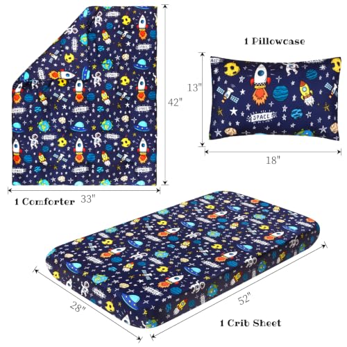 Image of JISEN 3 Piece Crib Bedding Set Soft Baby Space Crib Comforter Set with Comforter, Sheet, Pillowcase - Nursery Bedding for Boys or Girls Navy
