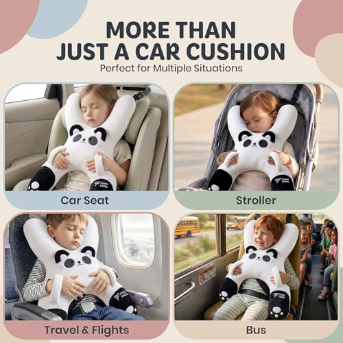 Image of Kids Car Sleeping Pillow, H-Shaped for Neck & Back Support, White Panda | Hands & Seat Belt Slot, Machine Washable & Compressible, Perfect for Car, Plane, Train, Boat & More