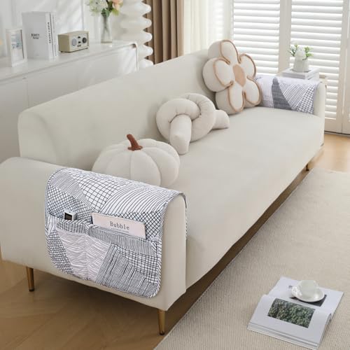 Image of HOKIPO 'Elira Series' Digitally Printed Water Repellent + Waterproof Sofa Armrest Cover with Pockets (2Pcs) - Snow White Black Geometry (AR-5251-C9*2)