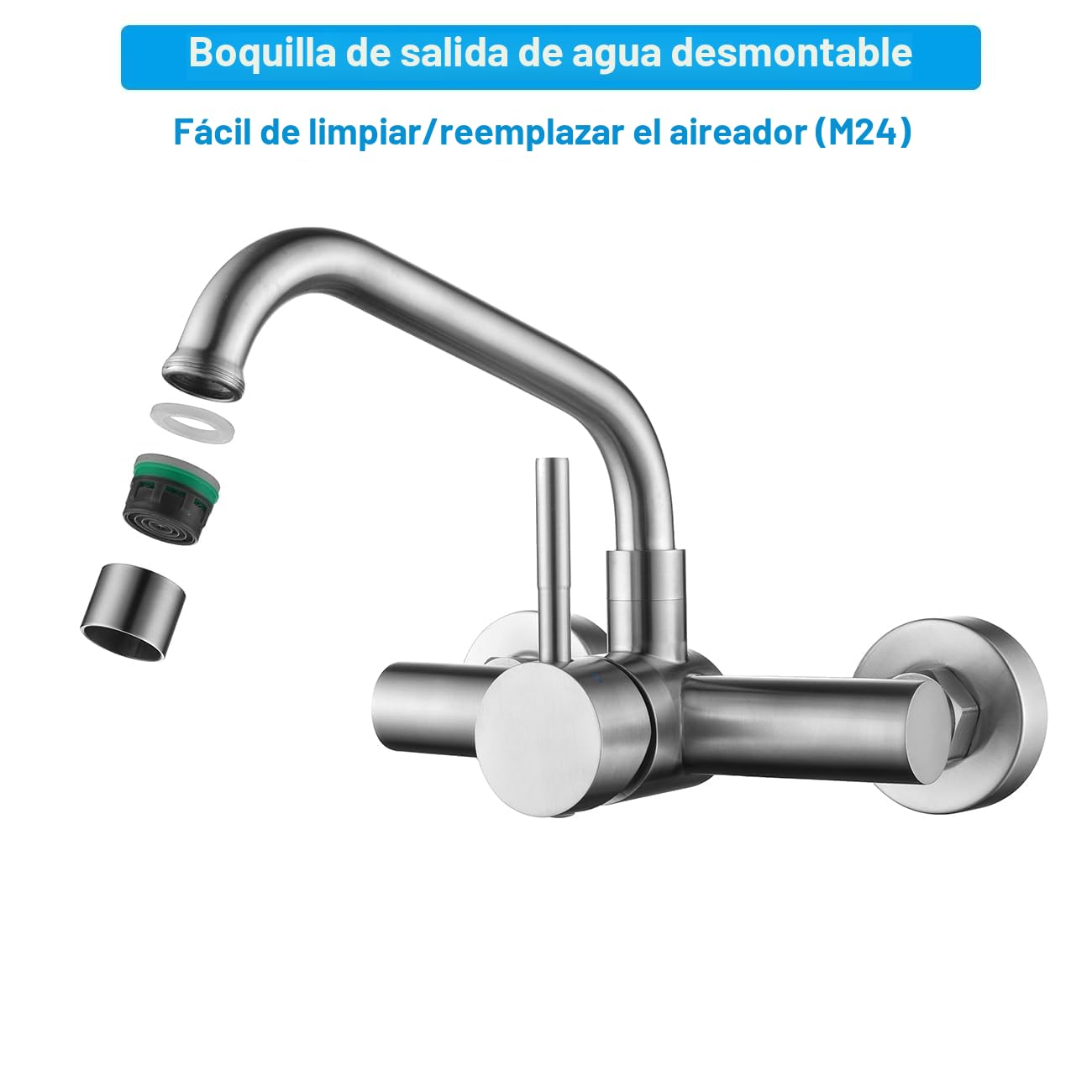 Grifo Cocina de Pared 15cm, Grifería de Fregadero Mural Giratorio a 360​°, Mezclador Monomando de Acero Inoxidable 304, Aireador Extraíble, Agua Fría y Caliente, Cepillado