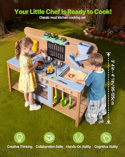 Image of VEVOR Mud Kitchen, Outdoor Mud Kitchen for Kids, Wood Outdoor Play Kitchens with Stoves, Hooks, Double Sinks, Planting Shovels, Spatulas, Cookware Pots and Accessories, Play with Water and Sand