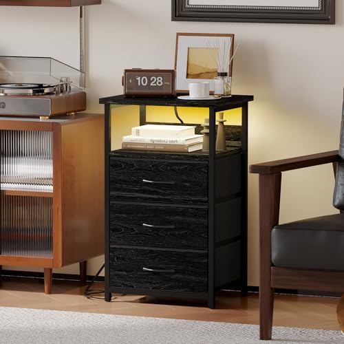 image for Fixwal Night Stand with Charging Station, LED Nightstand with Fabric D