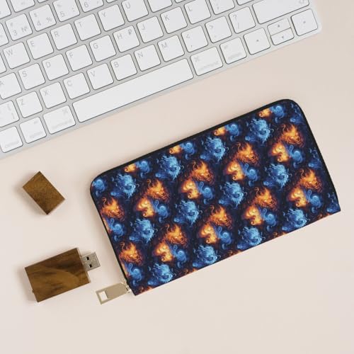 Leather Thin Slim Wallets for Women Men - Fashion Red and Blue Fire Lion Head Print Card Wallet Holder with Zipper 5