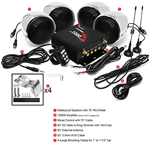 Gohawk Tn4-Q 1000W 4-Channel Amplifier 4" Full Range Waterproof Bluetooth Motorcycle Stereo Speakers Audio System Aux Usb Sd Radio For 1-1.5" Handlebar Harley Touring Cruiser Atv #TOP2