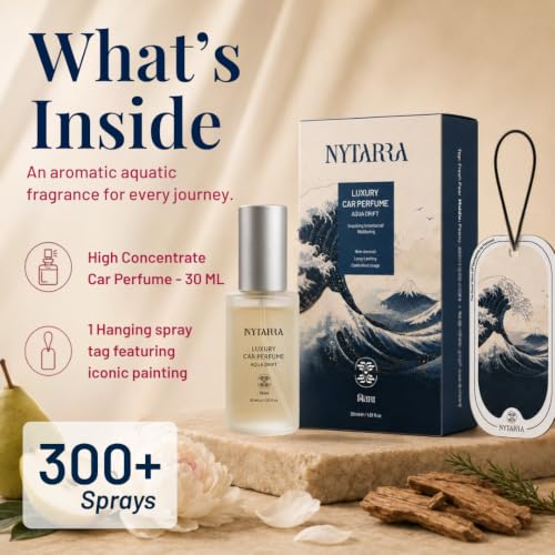 Image of Nytarra Premium Car Perfume Aqua Drift | Spray with Reusable Hanging Card | No Gas Formula, 100% Pure Liquid | 30 ml, 300+ Sprays | Long Lasting Car Fragrance