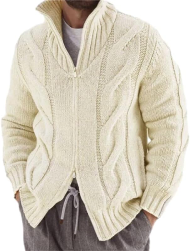 Men's Cable Knit Zip-Up Cardigan, Cream Stand Collar Full-Zip Sweater with Pockets