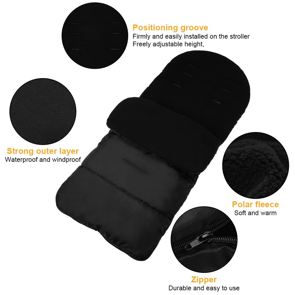 Vicloon Coprigambe Passeggino, Sacco Termico Passeggino Universale, Fodera in Pile Polare, Sacco Passeggino Invernale con Cerniera, Impermeabile, Antivento, Lavabile in Lavatrice(Nero)