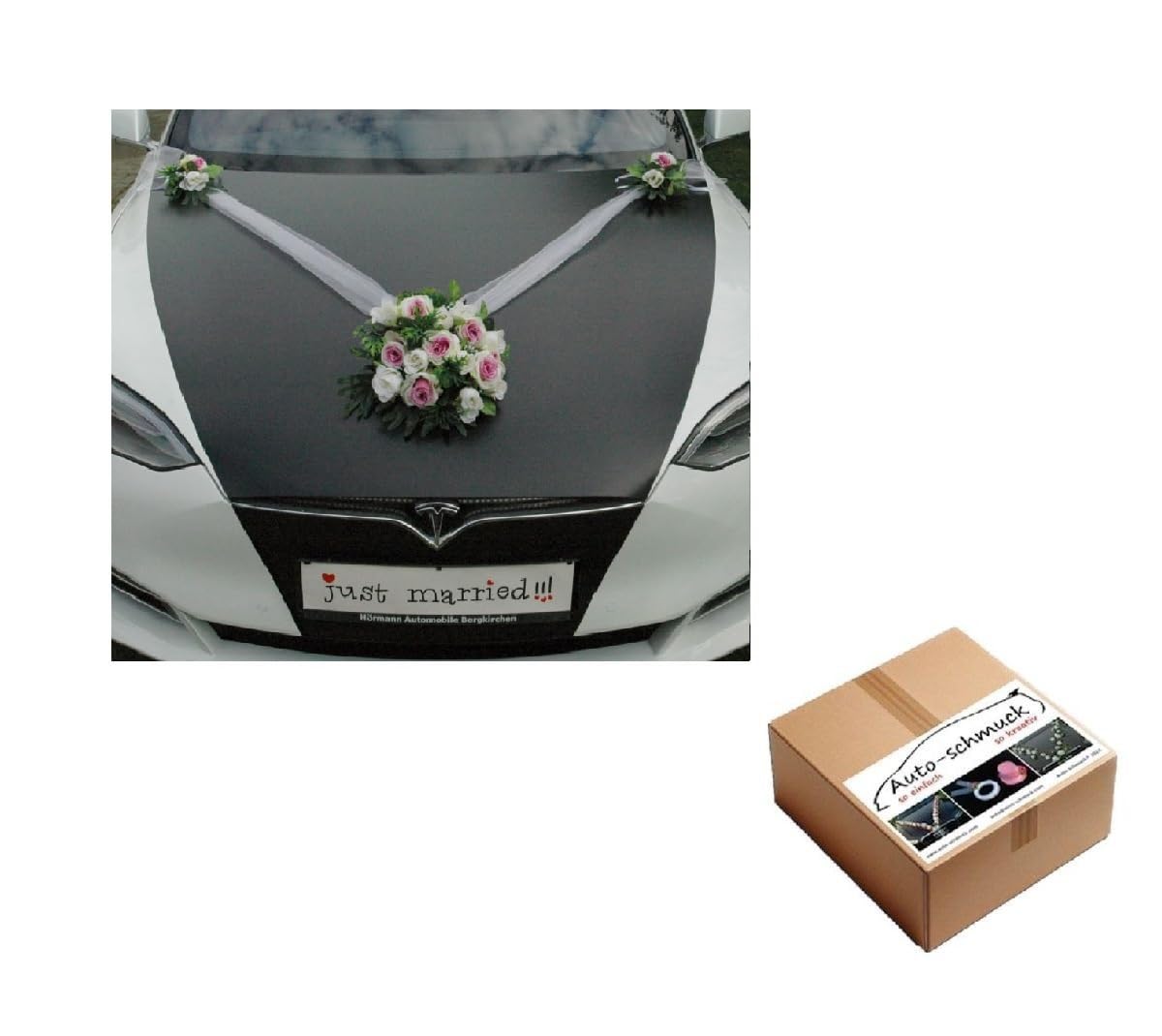 Autoschmuck – Décorations de voiture de mariage – Réalisées à partir de roses et de dentelle