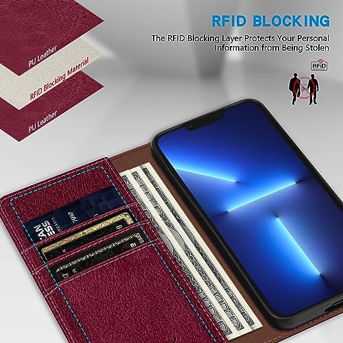 Image of ZZXX for iPhone 13 Pro Wallet Case Strong Magnetic 6.1 inch,Wine Red