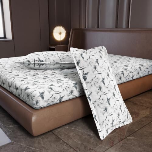 Image of Divine Casa Cotton King Size Bedsheet 275 x 275 cm | 210 TC Soft Breathable Pigment Twill Satin Bed Sheet with 2 Pillow Covers | Floral Printed Luxury Bedding Set | White & Grey