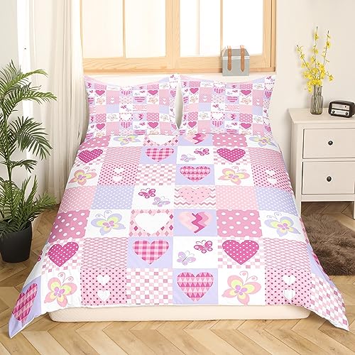 Loussiesd Girls Bedding Set and Pillow Set 135X200cm Pink Hearts and Butterflies Patchwork for Kdis Girls Duvet Cover Geometric Design Cot Bed Duvet Single Size with 1 Pillowcase - Image 3