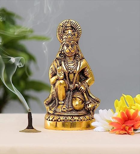 Indianstore4everyone Hanuman Ji Statue Sitting In Metal Hanuman Ji Idol Bajrangbali Murti Gift Article Decorative Showpiece, Multicolour, 1 Piece.