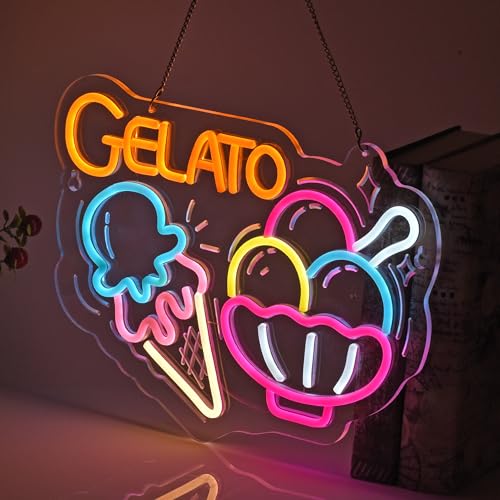 Image of Gelato Neon Sign, Neon Lights Hanging Wall Art Decoration for Restaturant Shop Food Truck Market Bakeries Cafe Celebration Home Decor, USB Powered Ultra Bright Dimmable,15.75x11.8inches