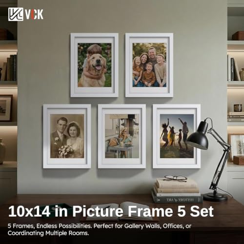 Image of VCK 10x14 Frame 5 Pack, White Wood, 8.5x11 Mat, Glass, for Picture Prints