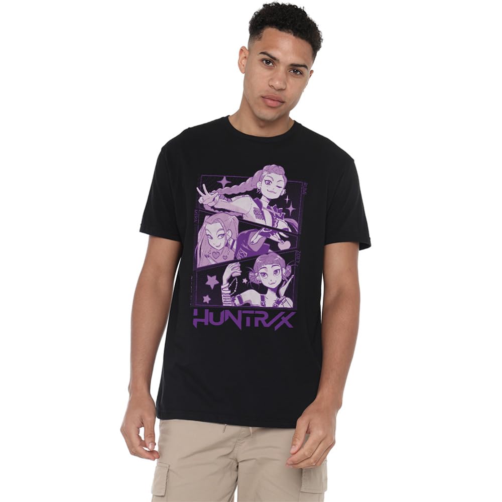 Kpop Demon Hunters Unisex Black K-Pop Demon Hunters - Huntrix Huntr/X Manga Panels Trio T Shirt, Medium