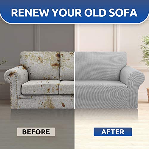 KEKUOU Stretch Oversized Sofa Slipcover 1 Piece Couch Sofa Cover (94"-110") Furniture Protector 4 Seater Sofa with Elastic Bottom for Kids,Pet.Jacquard Checked Pattern Fabric(X Large,Silver)