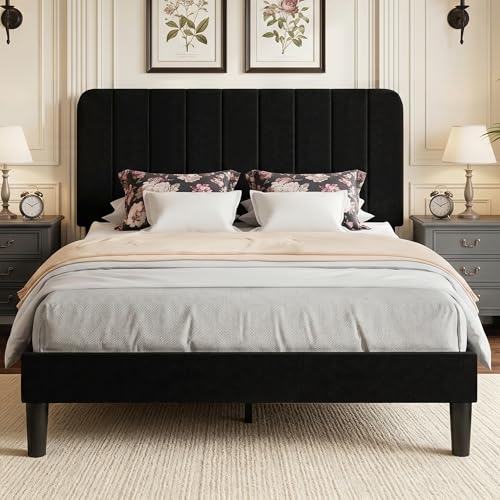 Image of VECELO Full Size Bed Frame with Upholstered Headboard, Velvet Platform Bedframe Mattress Foundation, Strong Wood Slat Support, No Box Spring Needed,Black