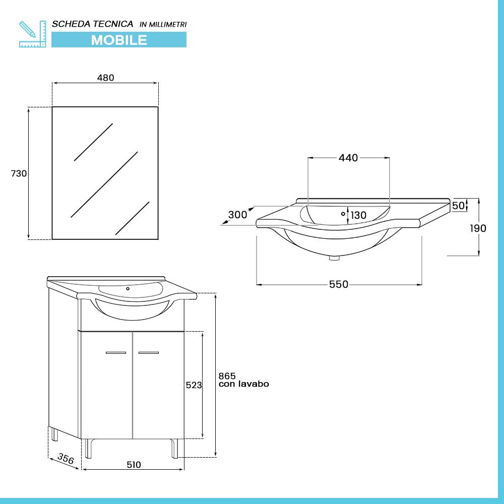 Composizione da Bagno 56x45 Moderna a Terra con Piedi Cromo Lucido - Completo di Specchio e Lavabo in Ceramica (Rovere Dolomite)
