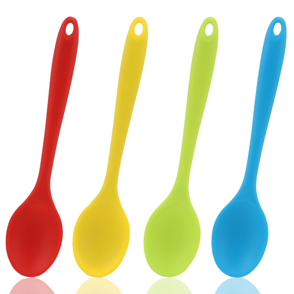 4 Pieces Multicolored Silicone Spoons Nonstick Kitchen Spoon Silicone Serving Spoon Stirring Spoon for Kitchen Cooking Baking Stirring Mixing Tools (Red, Green, Yellow, Blue)