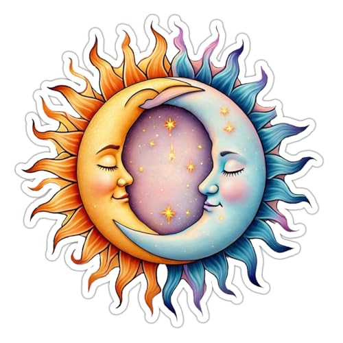 Image of Sun Moon Face Vinyl Waterproof Sticker Decal for Laptop Water Bottle Car Bumper Mystical Celestial Art Sticker 5 Inch