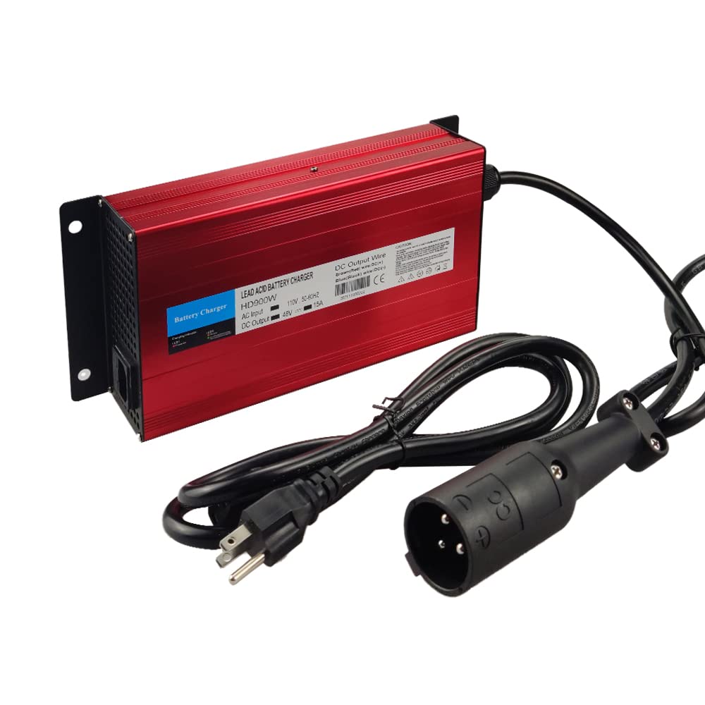 48 Volt 15 Amp for Club Car Golf Cart Battery Charger with 3 Pin Round Plug, Red Aluminum Shell