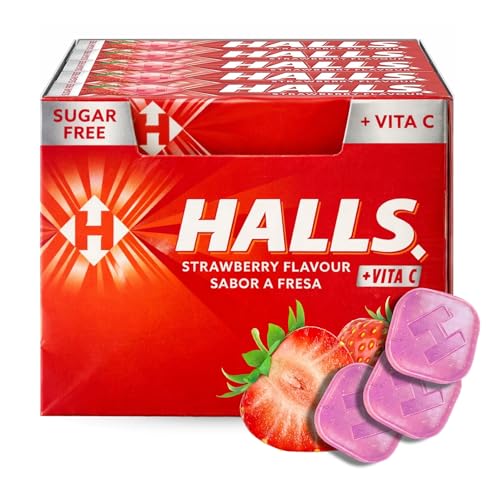 Caramelos Halls Fresa, Caramelo sabor a Fresa, Caramelo sin azucar, el Halls de toda la vida, sabor intenso y delicioso, Sin gluten, Contiene 1 caja con 20 paquetes de caramelos de 32 g