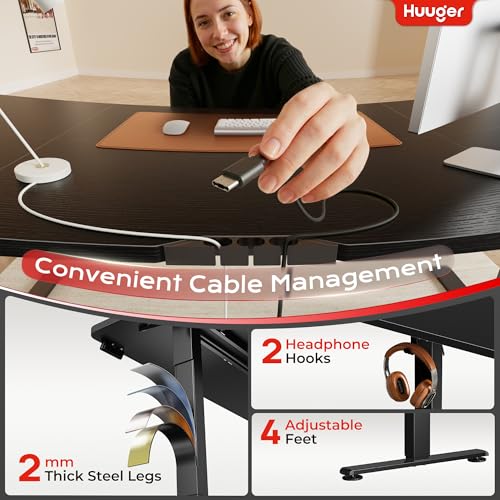 Image of Huuger 63 X 24 Inch Electric Standing Desk with Power Outlets and USB-C Port, Height Adjustable Desk, Sit Stand Desk for Home Office, Computer & Gaming Desk with 4 Presets, Stable Steel Frame, Black