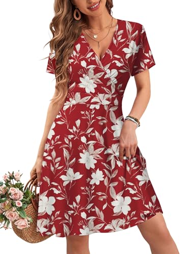 Image of MSBASIC Womens Summer Wrap V Neck Casual Dresses Floral Short Sleeve A-Line Midi Sundress