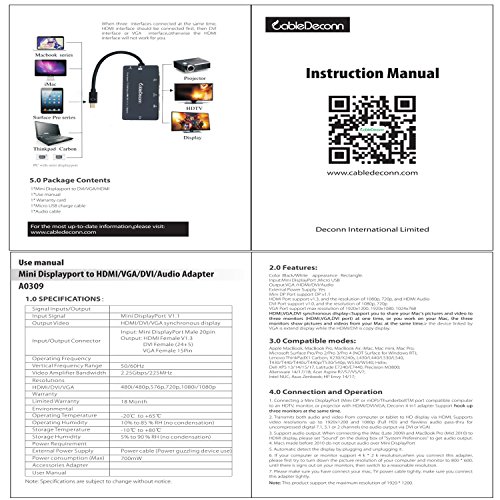 CableDeconn 4-in-1 Mini Displayport (Compatible Thunderbolt) to Hdmi/dvi/vga Adapter Cable with Audio Output Converter