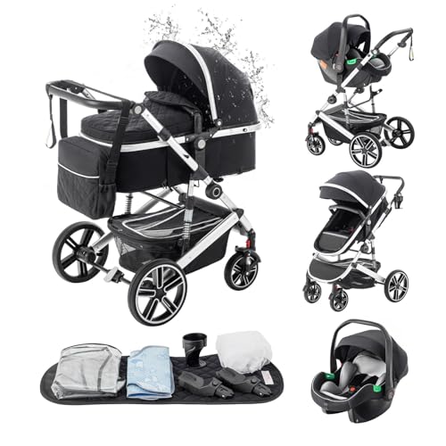 Kakbgee Carrito Bebé 3 en 1, Cochecito Bebe con ECE R129 Asiento de Coche, Cochecito con Mango Ajustable de Altura, Cochecito Carro de Visión alta con Marco de Aluminio (0-4 Años, 22 KG)