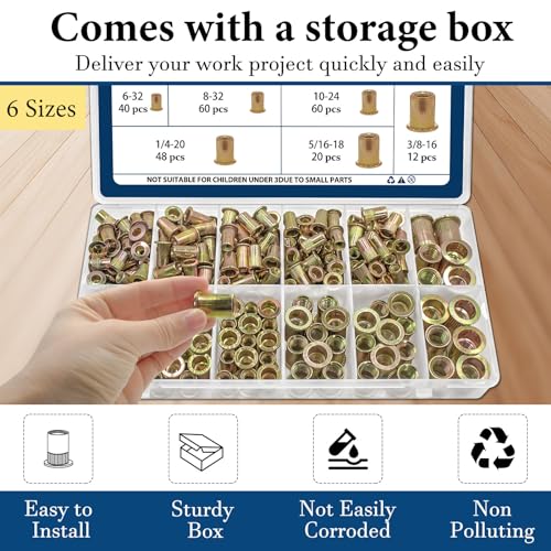 Image of SAE Rivet Nut Assortment Kit(240Pcs), #6-32#8-32#10-24 1 /4 inch-20 5 /16 inch-18 3 /8 inch-16 UNC Rivnut Threaded Insert Nut Set, Zinc Plated Finish Carbon Steel Nutsert
