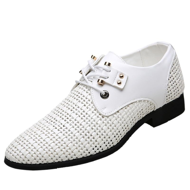 Men's Hollow Oxford Shoes Lace Up Casual Waterproof Leather Pointed Toe Non Slip Rubber Sole Block Heel Party