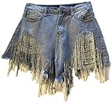 Spring Summer Rhinestone Heavy Tassels Nail Diamond Beads High Thin Waist Light Blue Denim Shorts Wo