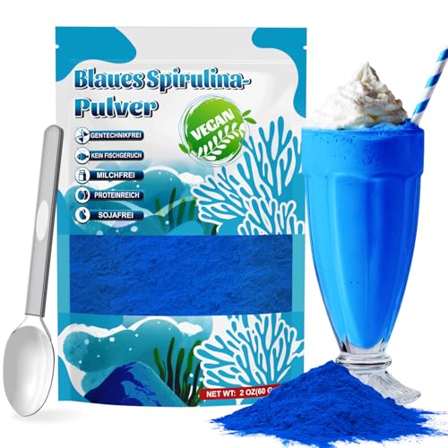 Spirulina Pulver Blau 60g - Hochkonzentrierte Lebensmittelfarbe Blau, Natürliche Lebensmittelfarbe für Smoothies, Milchshakes, Backwaren – Gentechnikfrei und Vegan