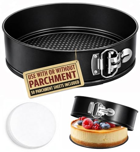 Tellshun 8 Inch Non-stick Springform Pan with 50 Pcs Parchment Paper Cheesecake Pan with Removable Bottom Baking Mold Round Leakproof