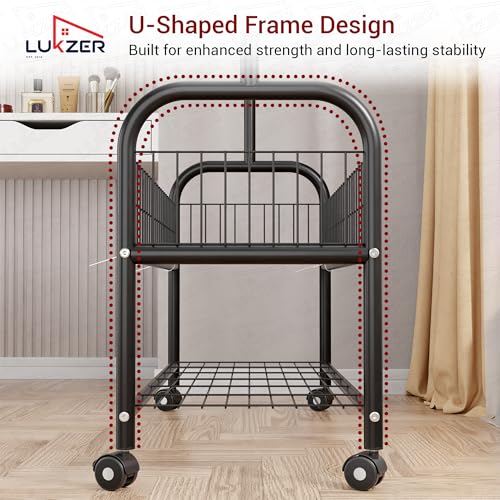 Image of Lukzer | MGR-004 | Black | Metal Cloth Stand & Garment Organizer with Wheels, 2 Bottom Shelves & Mesh Base - Freestanding Coat Rack for Bedroom, Laundry, Office & More | 173 x 110 x 35 cm