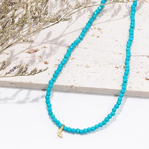 Dainty Turquoise Beaded Initial Asymmetrical Necklace, 18K Gold Plated Stainless Steel Letter Necklace2