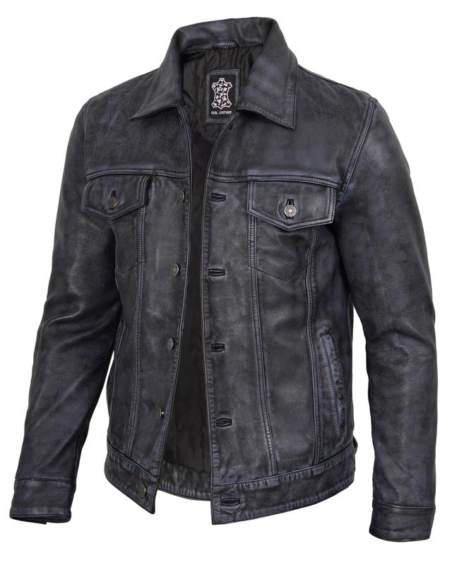 Image of Blingsoul Men's Leather Jacket - Real Full-Grain Lambskin Trucker Jacket for Men