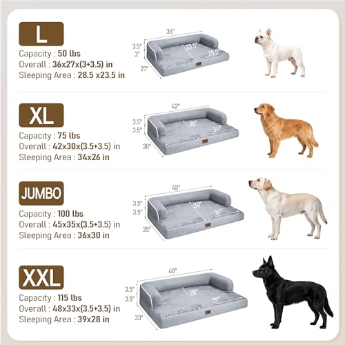 Image of Comfort Expression Washable Orthopedic Dog Bed for Extra Large Sized Dogs | Waterproof Memory Foam Pet Bed 45x35 Inch with Removable Cover with Non-Slip & Bolster, Grey