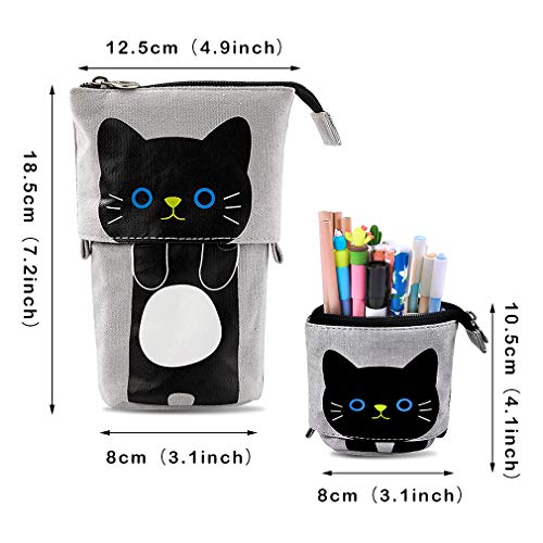 iSuperb Transformer Stand Store Pencil Holder Canvas+PU Cartoon Cute Cat Telescopic Pencil Pouch Bag Stationery Pen Case Box with Zipper Closure 7.5 x 4.9 x 3.0inch/4.1x 3.0inch (Gray)