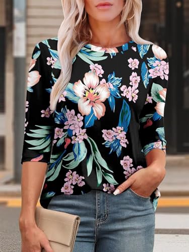 KISSMODA Tunic Tops for Women Loose Fit Dressy Round Neck Pleated 3/4 Length Sleeve Spring Tops