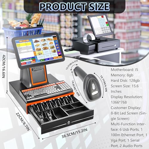 Kasa fiskalna z ekranem dotykowym do sprzedaży detalicznej – system POS z dwurdzeniowym procesorem I5, 128 GB SSD, 8 GB RAM, zawiera drukarkę termiczną i skaner kodów kreskowych dla małych firm i