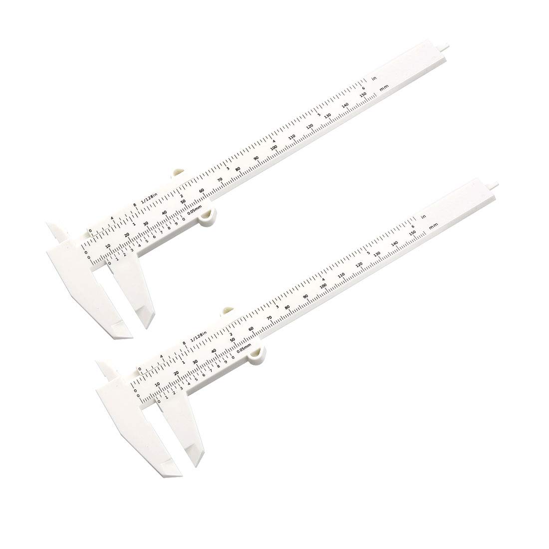 uxcell Vernier Caliper 150mm 6 Inch Metric Mini Double Scale Plastic Ruler Measuring Tool for Inside Outside Depth White 2pcs