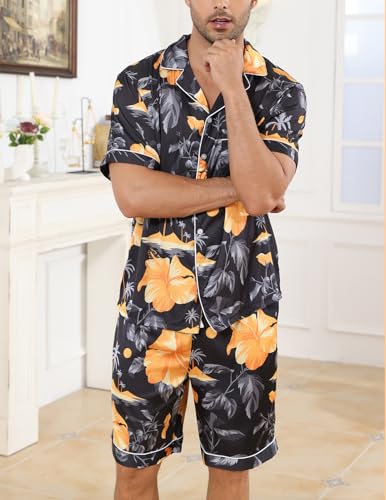 Image of Veseacky Mens Silk Satin Pajamas Set Short Sleeve Sleepwear Button-Down Pjs Sets Two-Pieces Loungewear with Pockets S-XXL