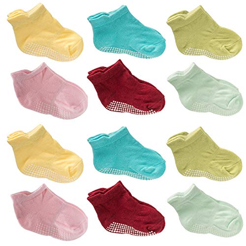 12 Pairs Baby Crew Socks Cotton Anti Skid Toddler Socks with Grips for Baby Girl Boy (12 Pack-Girls, M)
