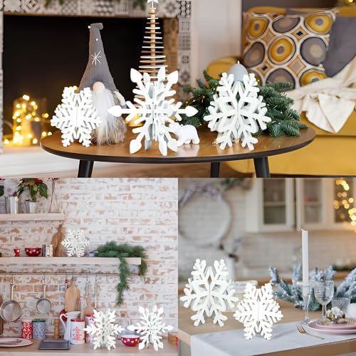 16 Pcs Christmas Snowflake Wooden Decor Winter 3D Snowflake Tabletop Sign Christmas Tiered Tray Decorations White Snowflake Wood Blocks Centerpiece for Xmas Wonderland Party Home Table Decor - Image 7