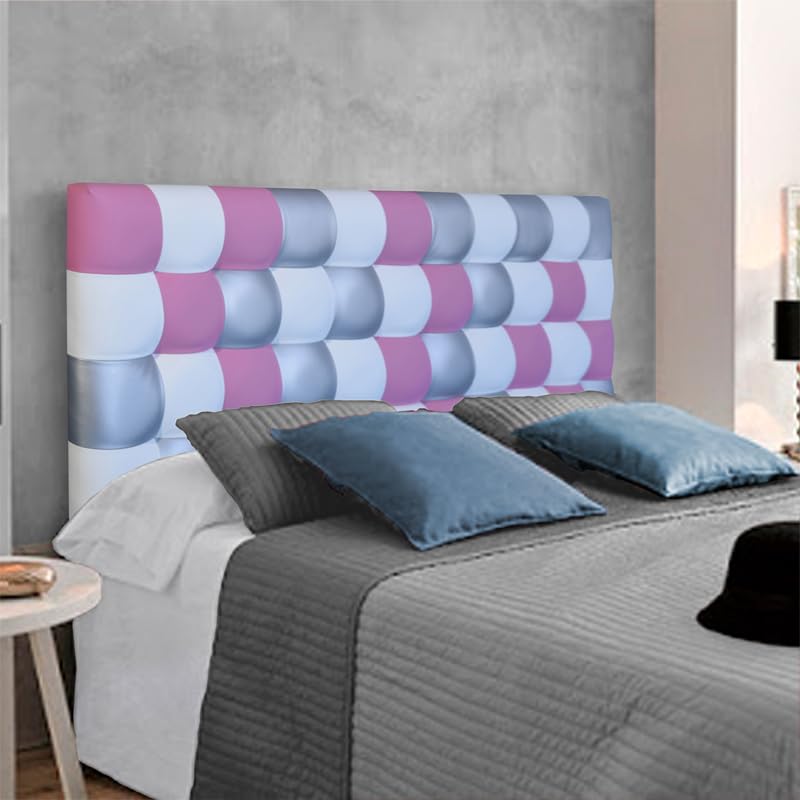 ONEK-DECCO Cabecero de Cama tapizado en Polipiel Mod.Kansas Patchwork 5, Alcochado de Espuma para Cama de niño, Juvenil y Matrimonio (70 cm. Alto). (Plata-Rosa-Blanco, 180x70)